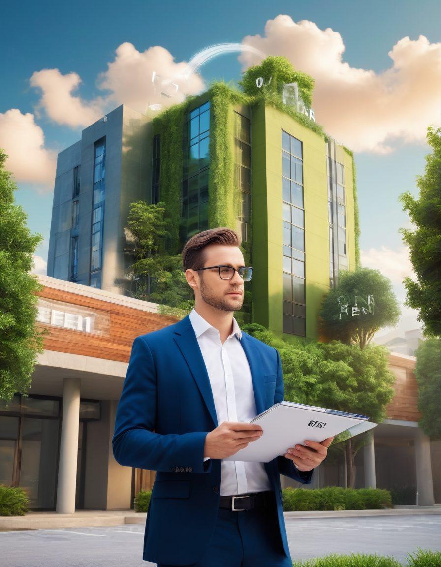 A serene urban landscape featuring a modern building with a 'For Rent' sign, alongside a confident property manager holding a clipboard. Graphs and dollar signs subtly overlay the sky, representing growth and investment. Include lush greenery to signify value in property management. super-realistic. vibrant colors. 3D.