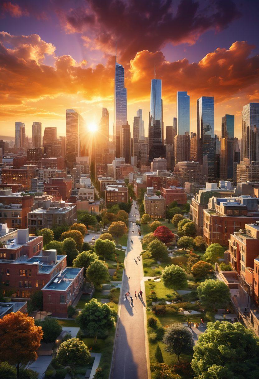 A captivating city skyline under a sunset, showcasing diverse architectural styles representing residential and commercial real estate. In the foreground, a diverse group of savvy investors discussing strategy with dynamic charts and blueprints in hand. Include lush green spaces and modern urban elements to symbolize growth and opportunity. Illustrate the theme of unlocking potential with a stylized keyhole framing the scene. super-realistic. vibrant colors. dramatic lighting.