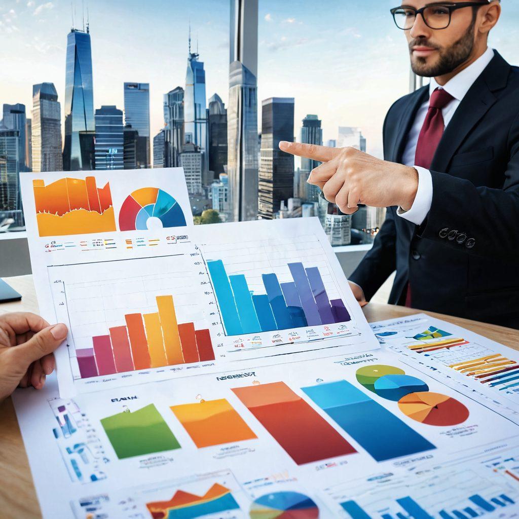 A modern city skyline with diverse residential buildings showcasing various architectural styles, overlaid with colorful graphs and charts symbolizing property trends. Include a confident real estate agent pointing at the charts, surrounded by clients engaged in discussion. The scene should convey a sense of innovation and smart decision-making in realty. vibrant colors. super-realistic. daylight setting.